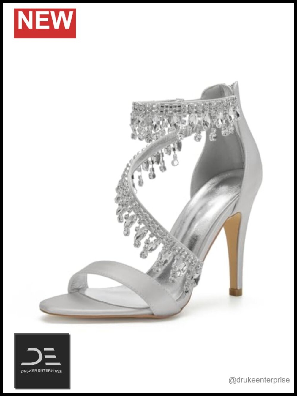 Bridal High Heel Sandals Ankle Strap Crystal Zipper Back Satin Prom Evening